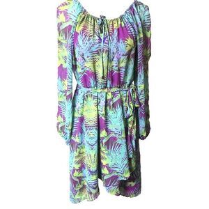 Jennifer Lopez‎ Sunny Tropical Multicolor Dress with Fuchsia Lining Size L